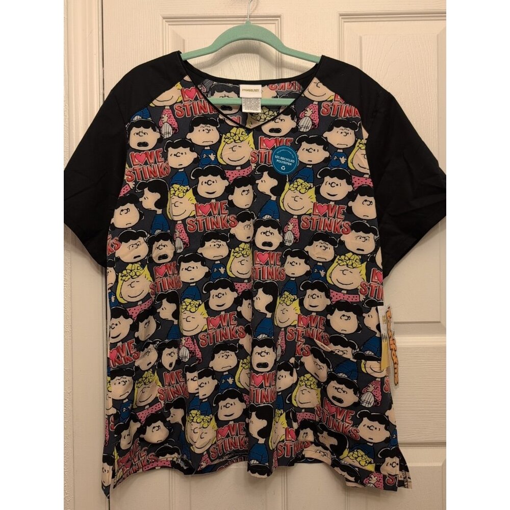 NWT Peanuts Pullover V Neck Scrubs Love Stinks Lucy Sally Polyester Spandex 2XL